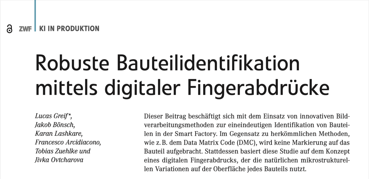 Titel und Zusammenfassung eines Artikels über Bauteilidentifikation durch digitale Fingerabdrücke.