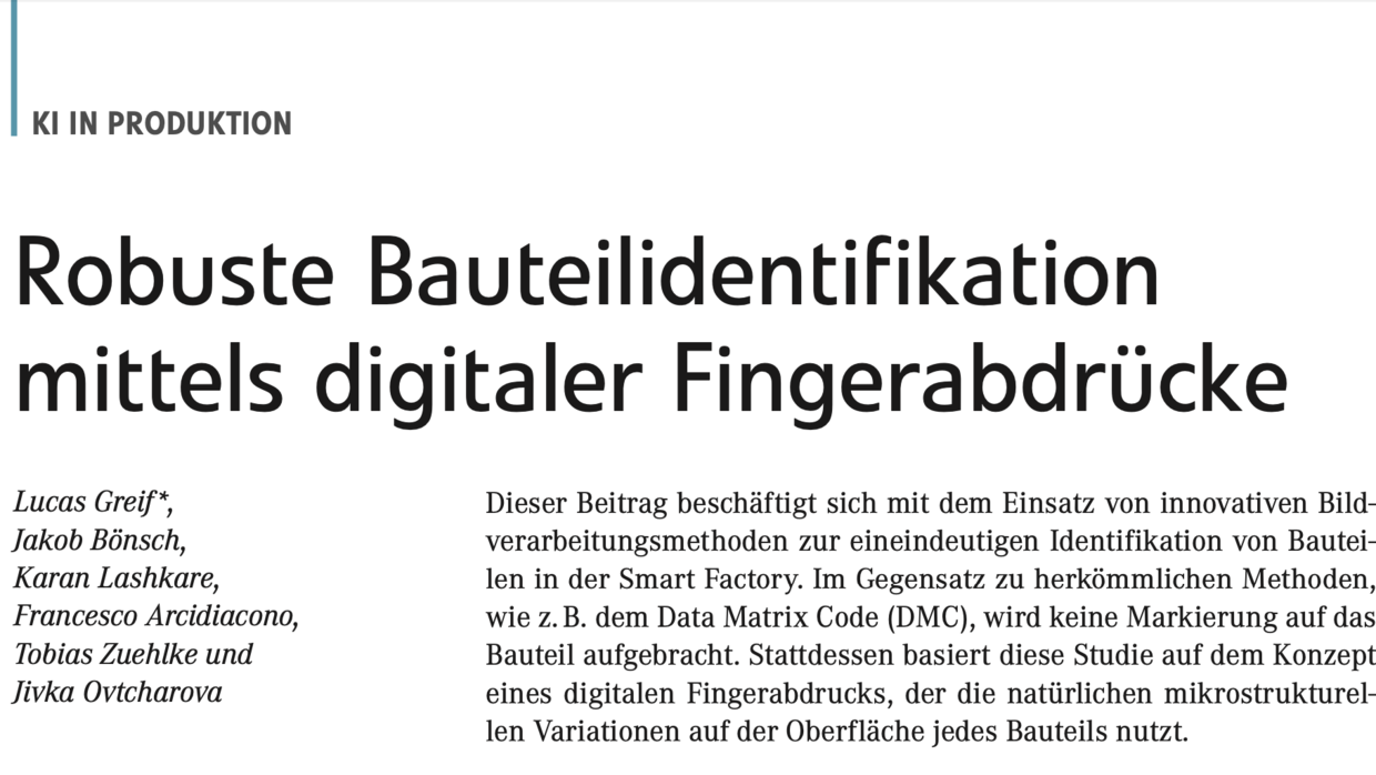 IMI Titel und Zusammenfassung eines Artikels über Bauteilidentifikation durch digitale Fingerabdrücke.