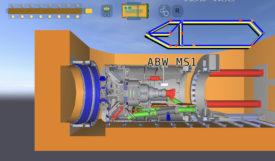 Virtueller Zwilling der Tunnelbohrmaschine in der VR-SImulationsumgebung PolyVR mit Untergrundvorwahl oben links, Perspektivenauswahl oben mittig, Visualisierung des Wasserkreislaufs oben rechts und Tunnelbohrmaschine Bildmitte, Vortriebszylinder in rot r